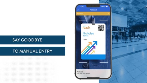 An illustration of a mobile phone screen with a QR code that says "Goodbye to manual entry."