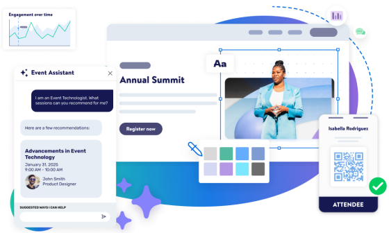 A visual of the EMM platform with the title Annual Summit, and an attendee on the bottom right.