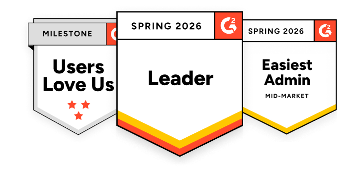 Three G2 awards for Users Love Us, Fall 2026 grid leader, and Easiest admin, all for Spring 2026.