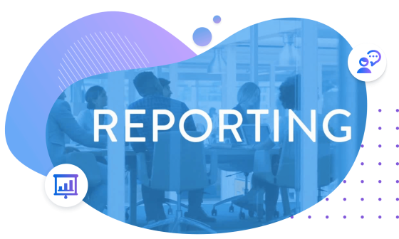 blue purple blob with reporting written on it along with 2 icons representing data and connection.