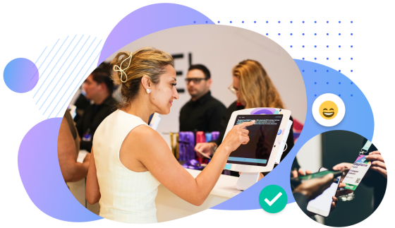 A person at an event check-in counter taps a self-service tablet while staff work in the background; decorative shapes overlay the image, with small callouts showing a smiling emoji and a close-up of a mobile badge scan.