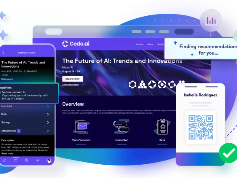 Colorful event tech dashboard showing a ‘Future of AI: Trends and Innovations’ event page with mobile session details, personalized recommendations, and a QR code badge for attendee check-in.